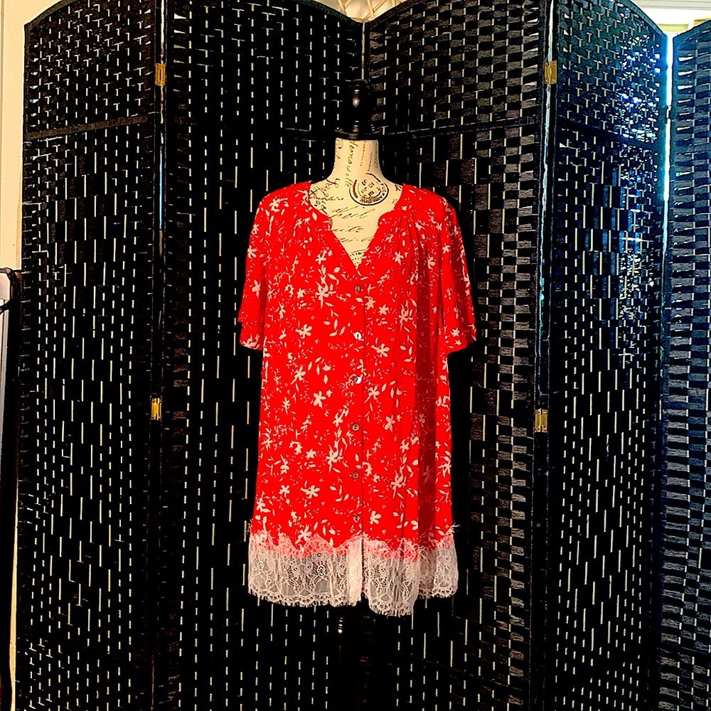 Bohème “ROAMAN’S” Button Down RED WHT Lace Trim BUTTON DOWN Plus 16W BOHO